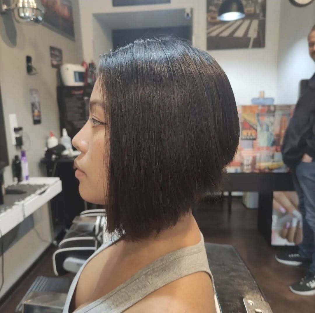 Angled asymmetric bob haircut